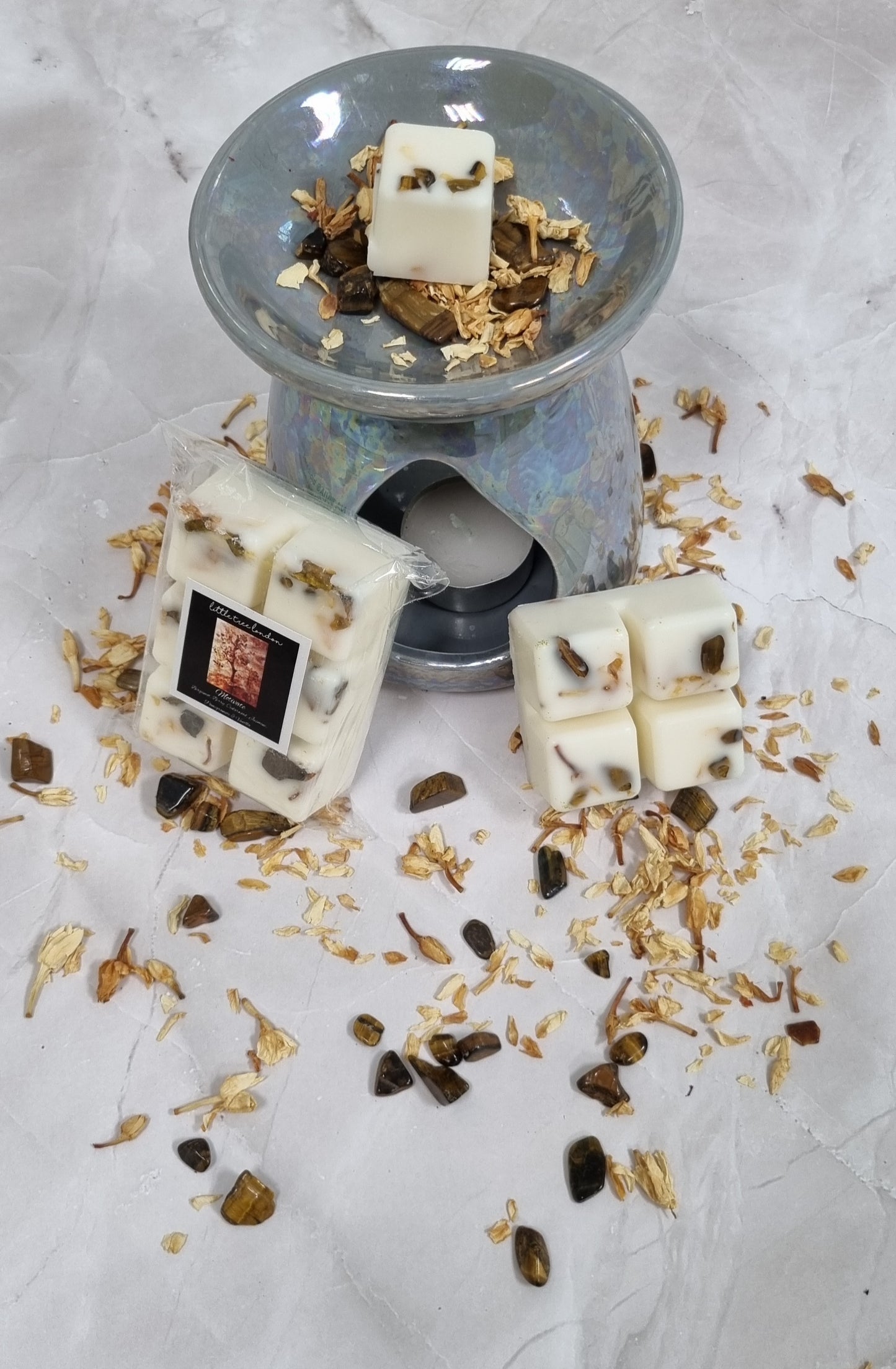 Novelty - Motivate Luxury wax melts with tiger eye crystals chips. Unique wax melts dried Jasmine. High fragranced, long lasting.