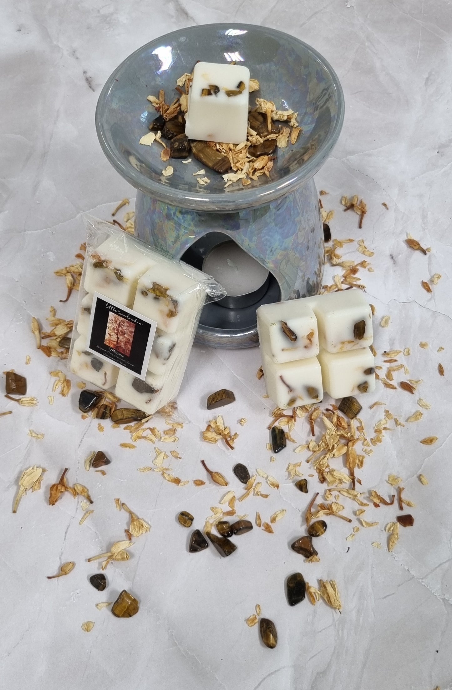 Novelty - Motivate Luxury wax melts with tiger eye crystals chips. Unique wax melts dried Jasmine.  High fragranced, long lasting.