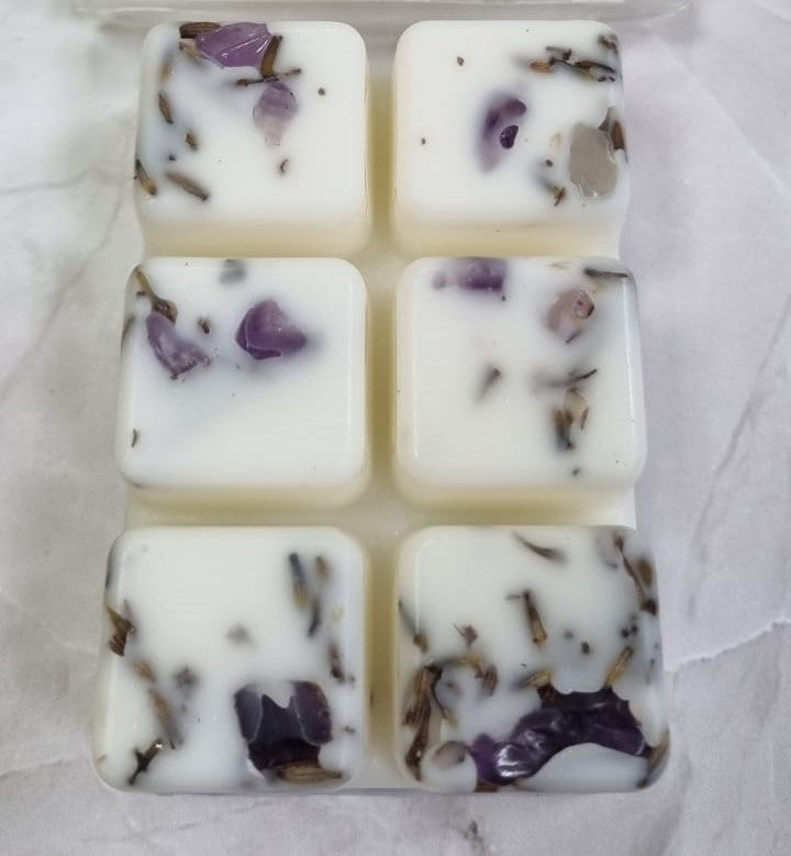 Novelty - Anxiety Luxury wax melts with amethyst crystals chips. Luxury Lavender wax melts for relaxation and calmness.