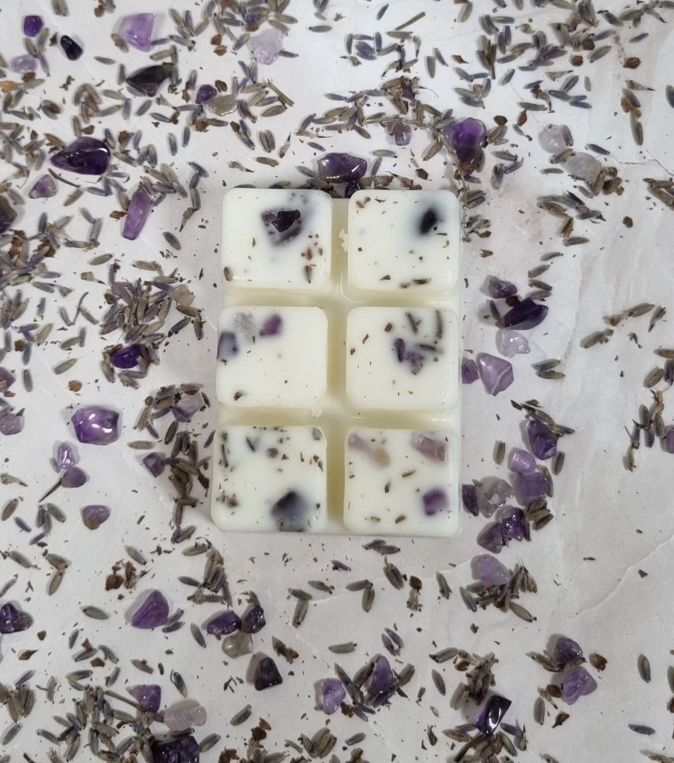 Novelty - Anxiety Luxury wax melts with amethyst crystals chips. Luxury Lavender wax melts for relaxation and calmness.