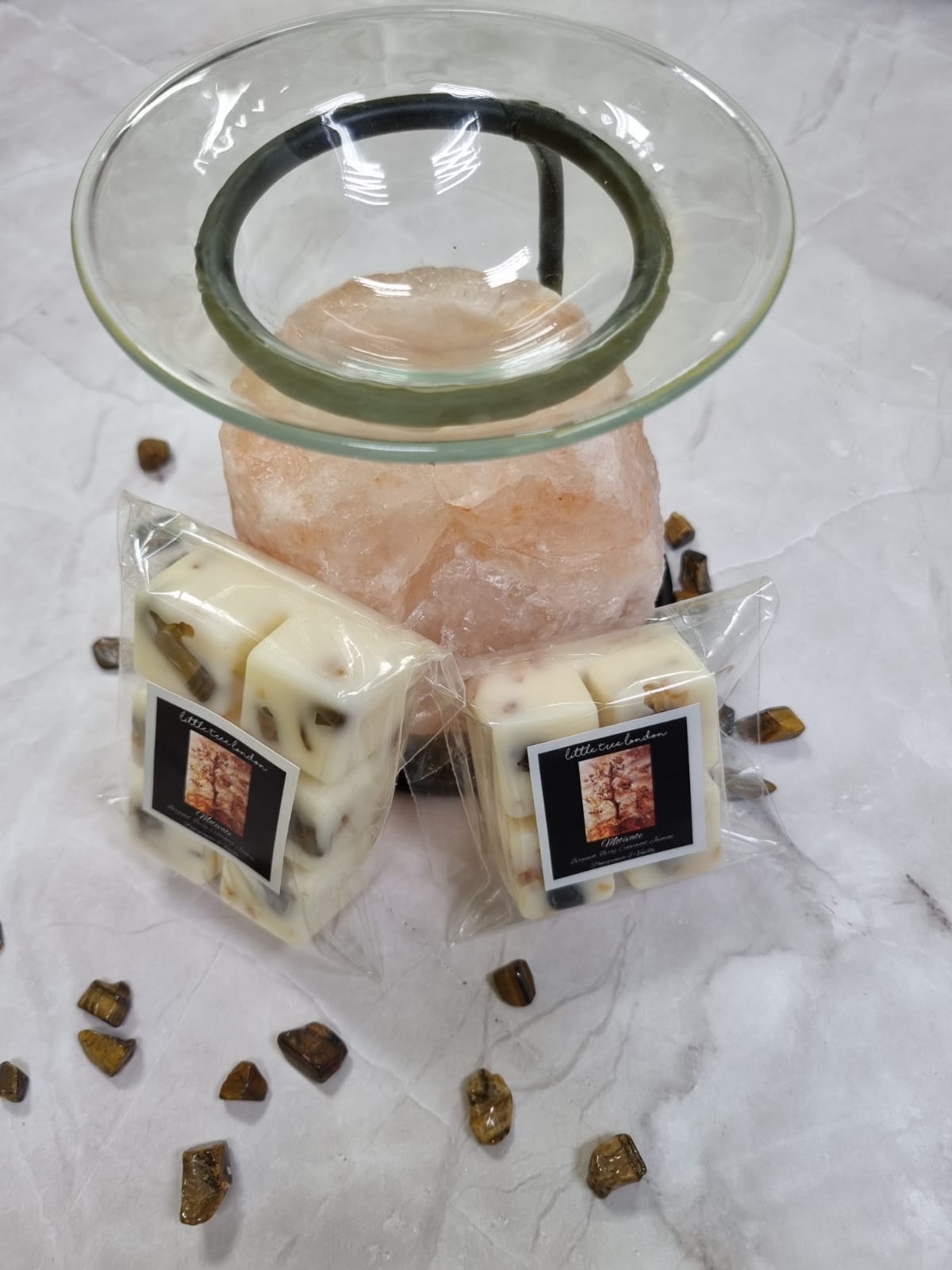 Novelty - Motivate Luxury wax melts with tiger eye crystals chips. Unique wax melts dried Jasmine.  High fragranced, long lasting.