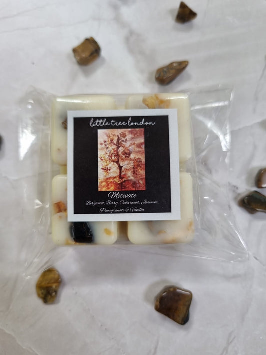 Motivate Luxury wax melts with tiger eye crystals chips. Unique wax melts dried Jasmine.  High fragranced, long lasting.