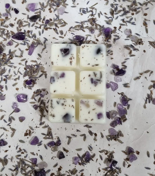 Anxiety Luxury wax melts with amethyst crystals chips. Luxury Lavender wax melts for relaxation and calmness.